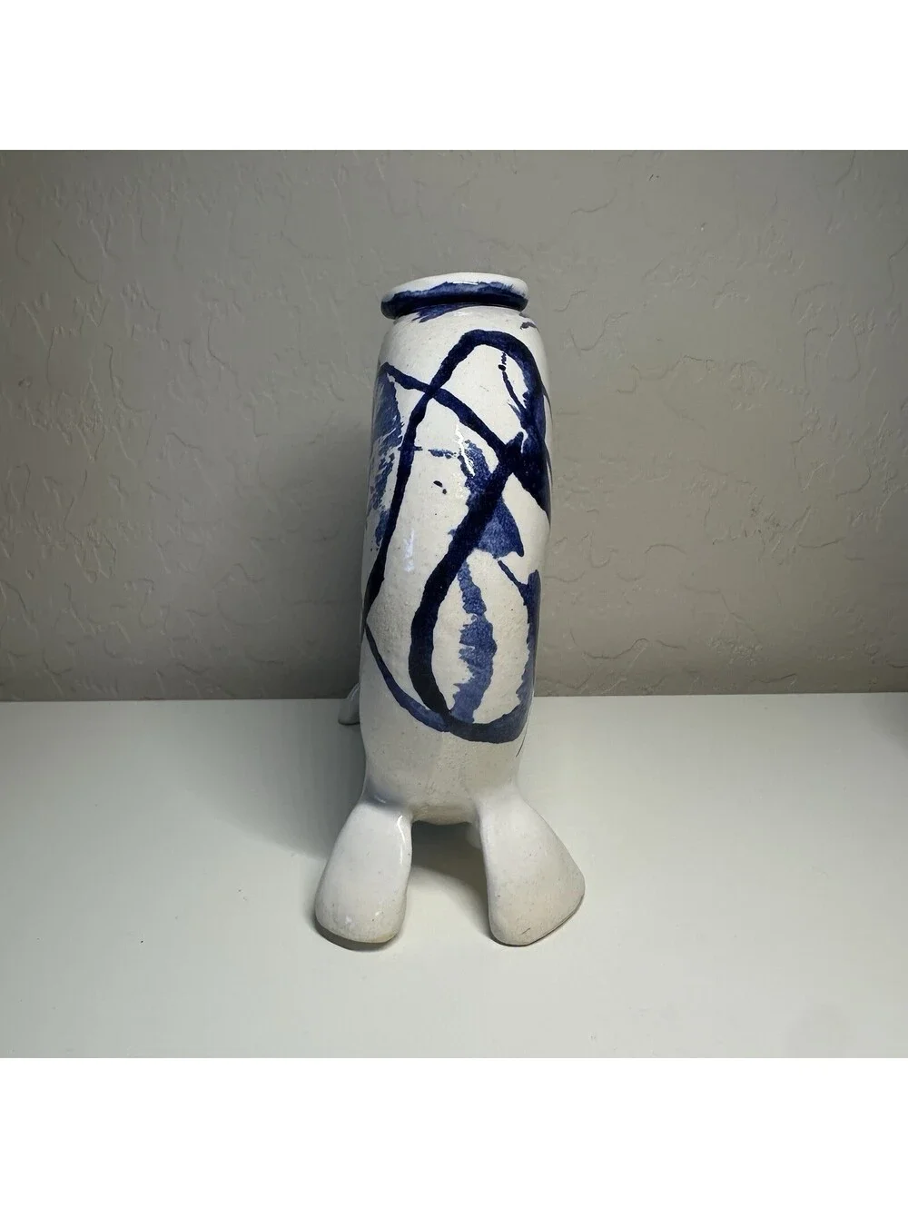 White Blue Splatter Unique Abstract Modern Skinny Round Ceramic Vase KP 2024